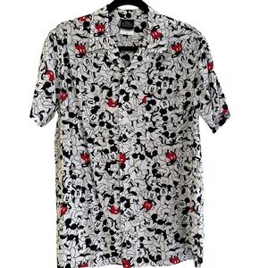 Disney Mickey Mouse Patterned Woven Button Down Shirt - Black, White/Red S